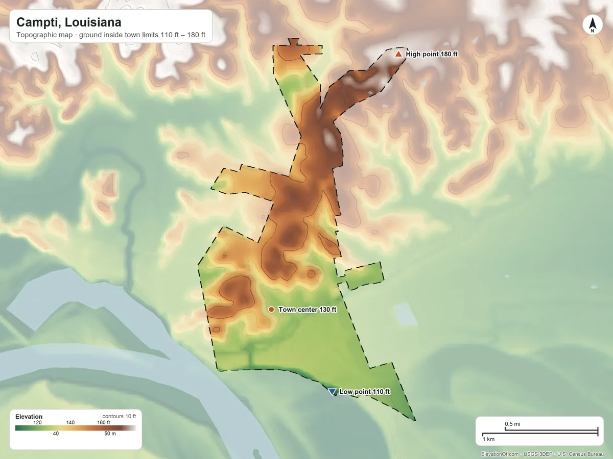 Topographic elevation map of Campti, Louisiana, shaded from 110 ft on the southeast side to 180 ft on the northeast side