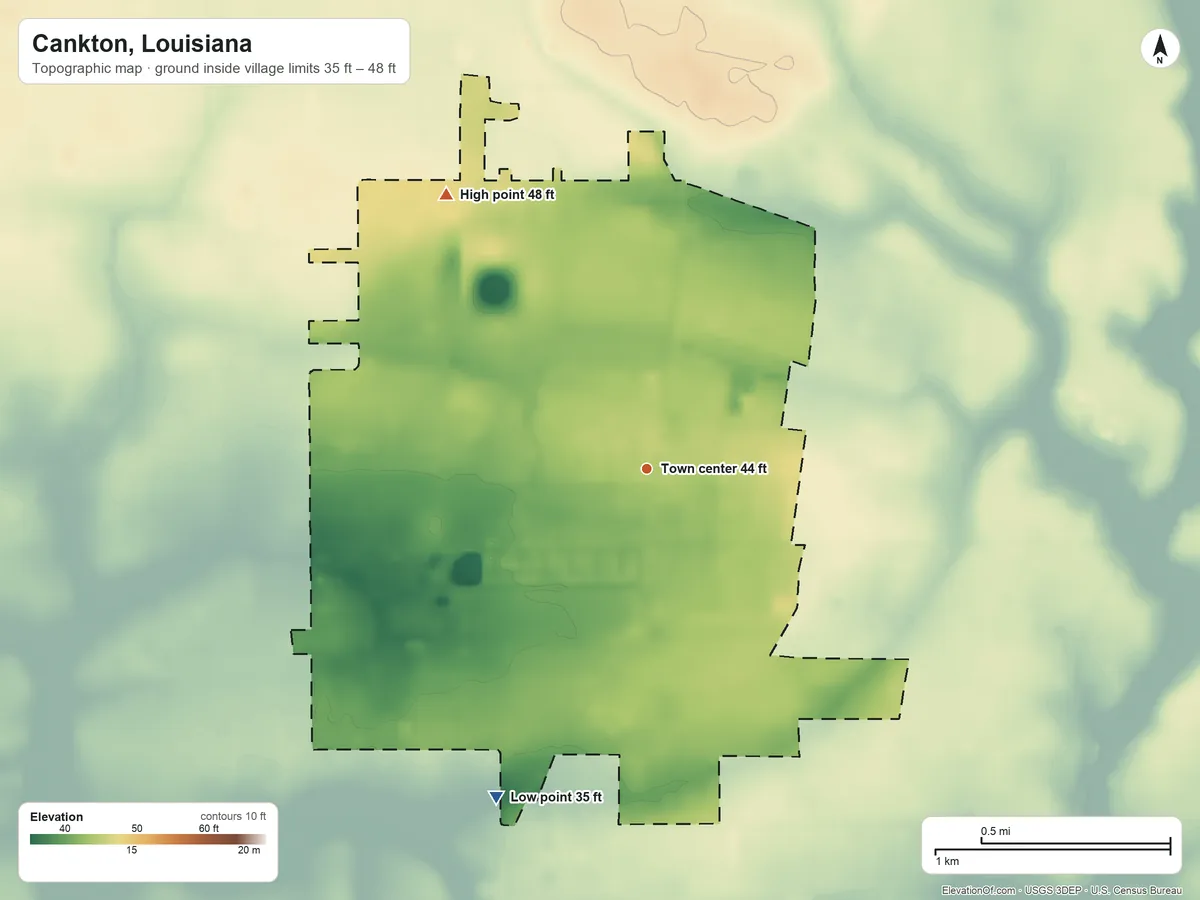 Topographic elevation map of Cankton, Louisiana, shaded from 35 ft on the southwest side to 48 ft on the northwest side