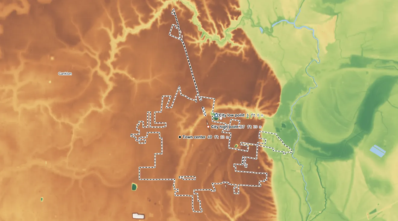 Topographic elevation map of Carencro, Louisiana, shaded from 1 ft on the northeast side to 67 ft on the east side