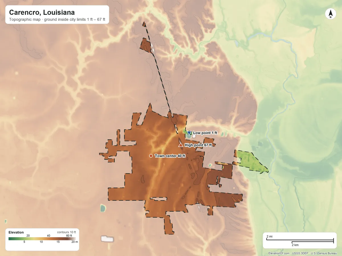 Topographic elevation map of Carencro, Louisiana, shaded from 1 ft on the northeast side to 67 ft on the east side