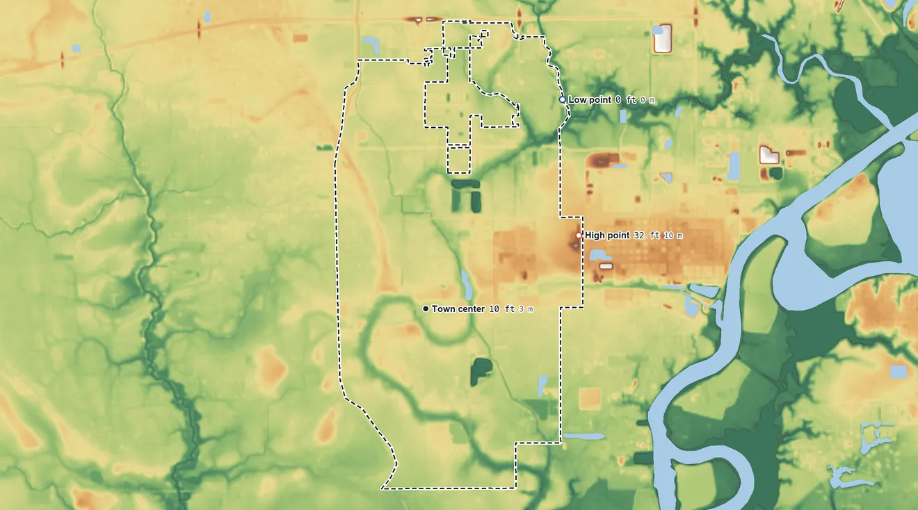 Topographic elevation map of Carlyss, Louisiana, shaded from 0 ft on the northeast side to 32 ft on the northeast side