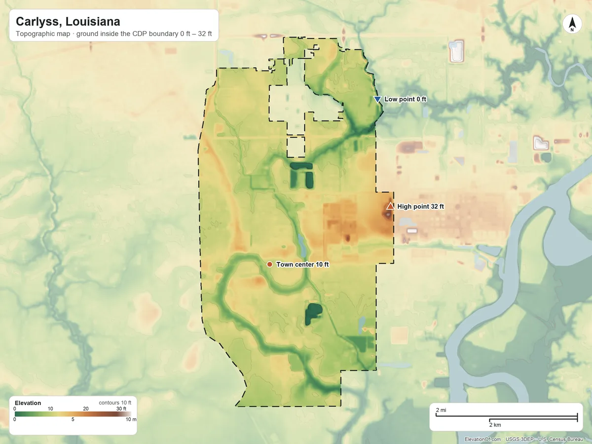 Topographic elevation map of Carlyss, Louisiana, shaded from 0 ft on the northeast side to 32 ft on the northeast side