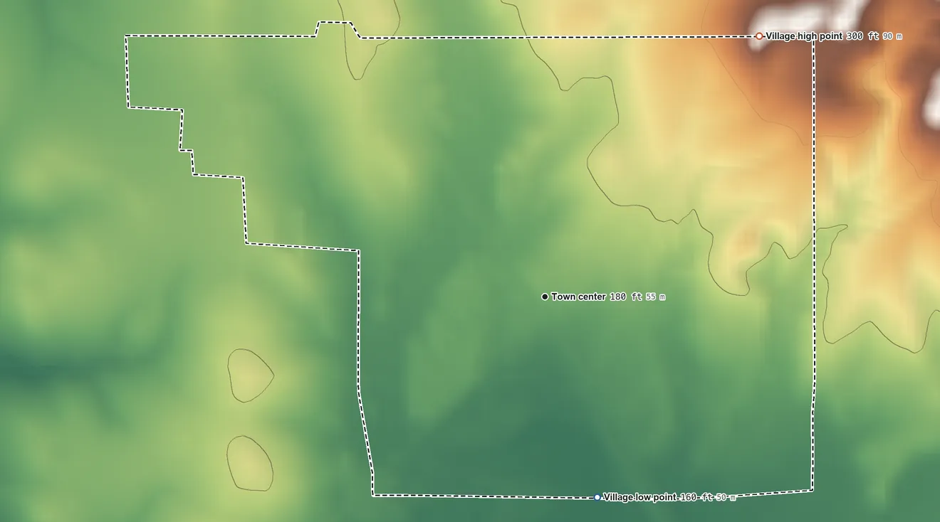 Topographic elevation map of Castor, Louisiana, shaded from 160 ft on the south side to 300 ft on the northeast side