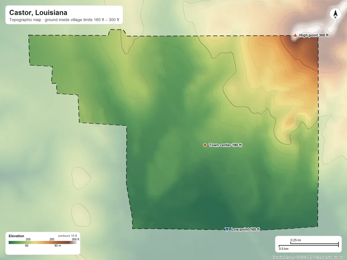Topographic elevation map of Castor, Louisiana, shaded from 160 ft on the south side to 300 ft on the northeast side