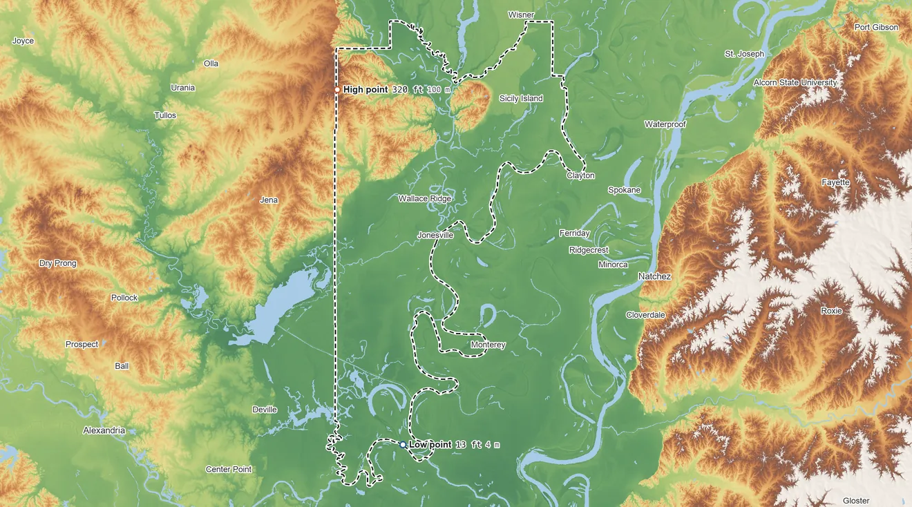 Topographic elevation map of Catahoula Parish, Louisiana, shaded from 13 ft on the south side to 320 ft on Bald Hill