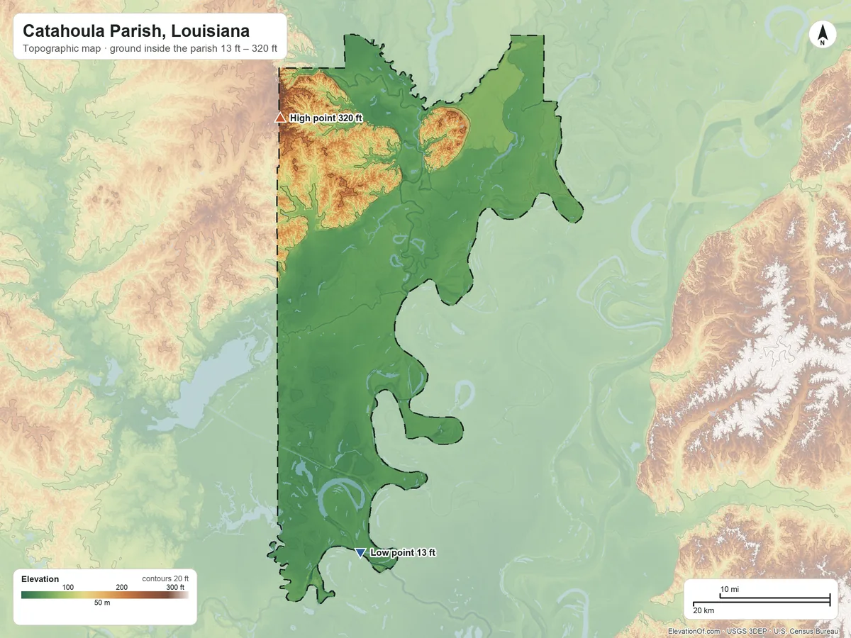Topographic elevation map of Catahoula Parish, Louisiana, shaded from 13 ft on the south side to 320 ft on Bald Hill
