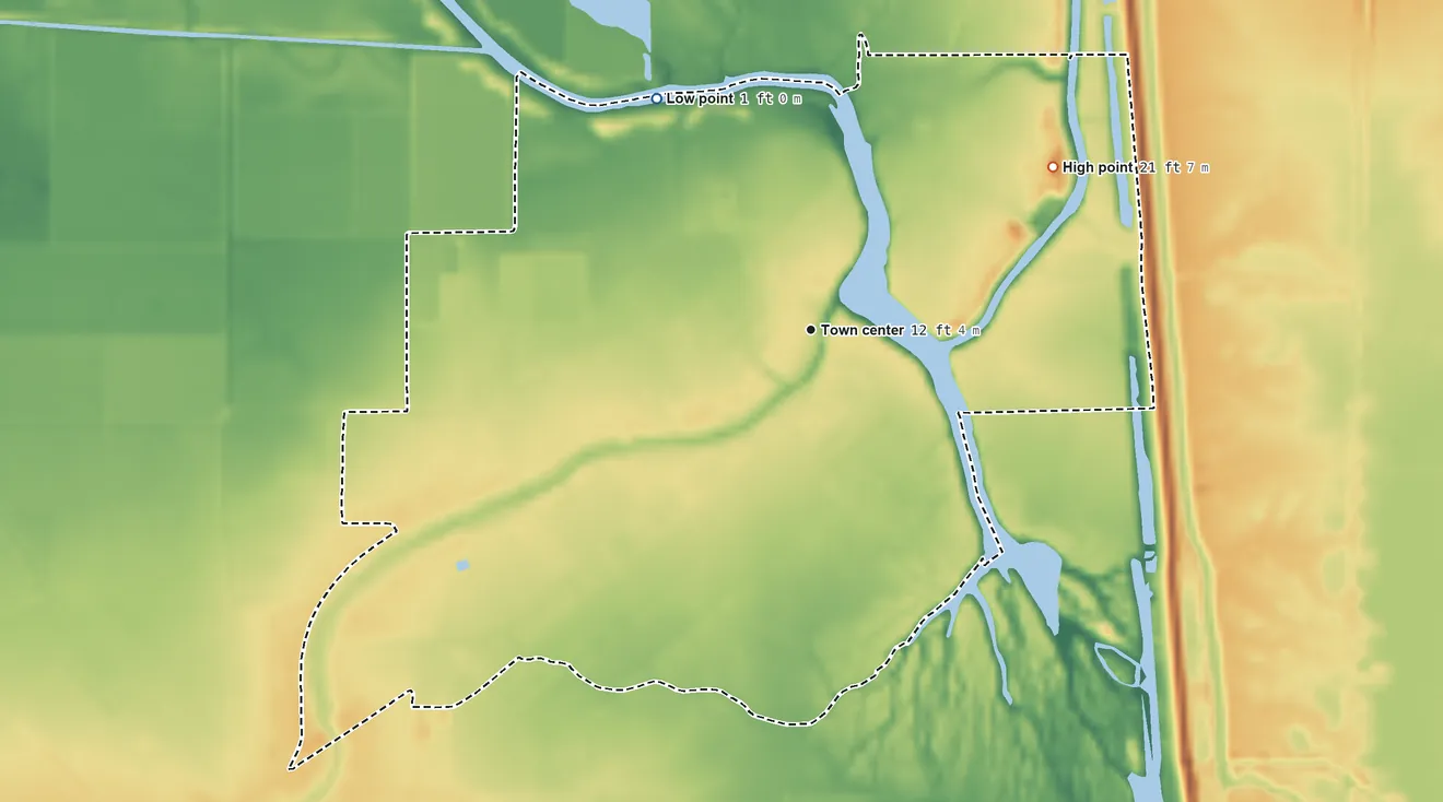 Topographic elevation map of Catahoula, Louisiana, shaded from 1 ft on the northwest side to 21 ft on the northeast side