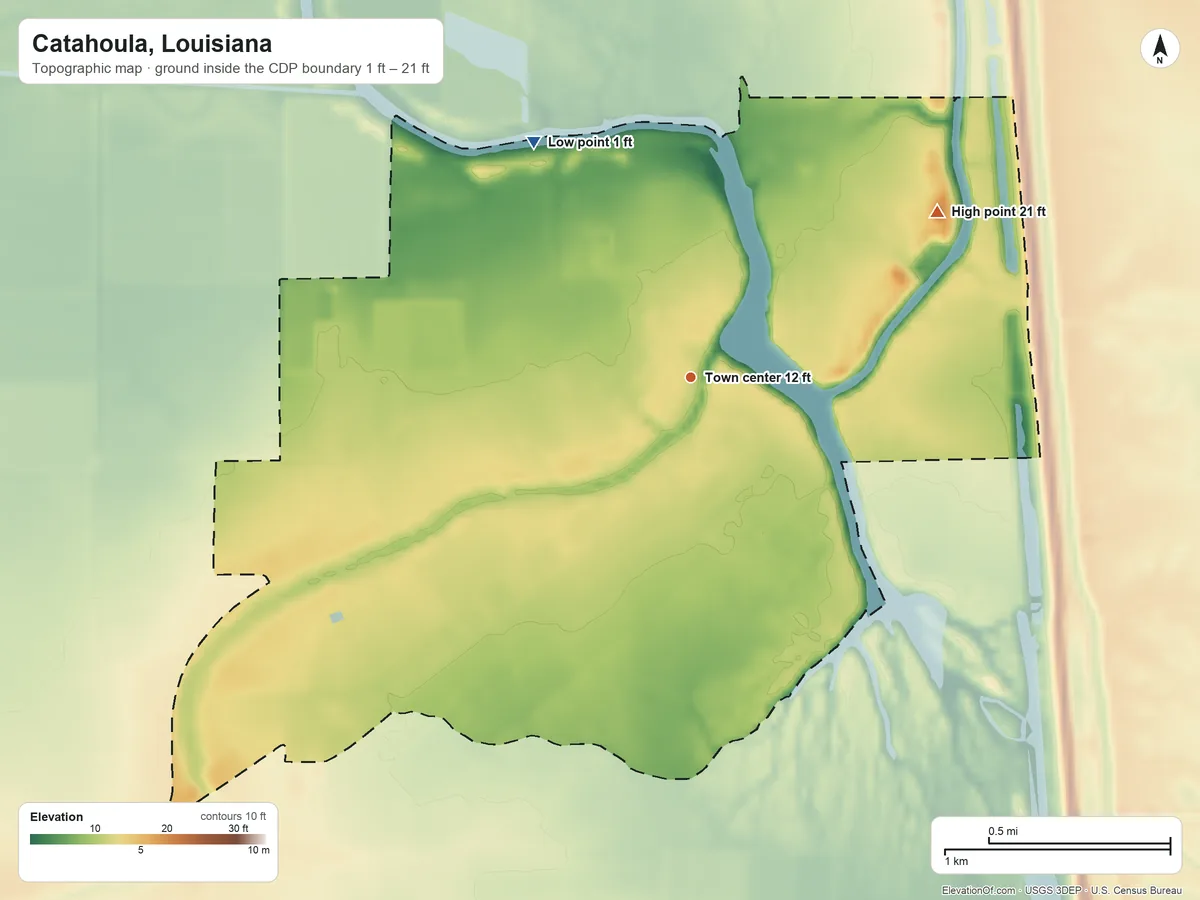 Topographic elevation map of Catahoula, Louisiana, shaded from 1 ft on the northwest side to 21 ft on the northeast side