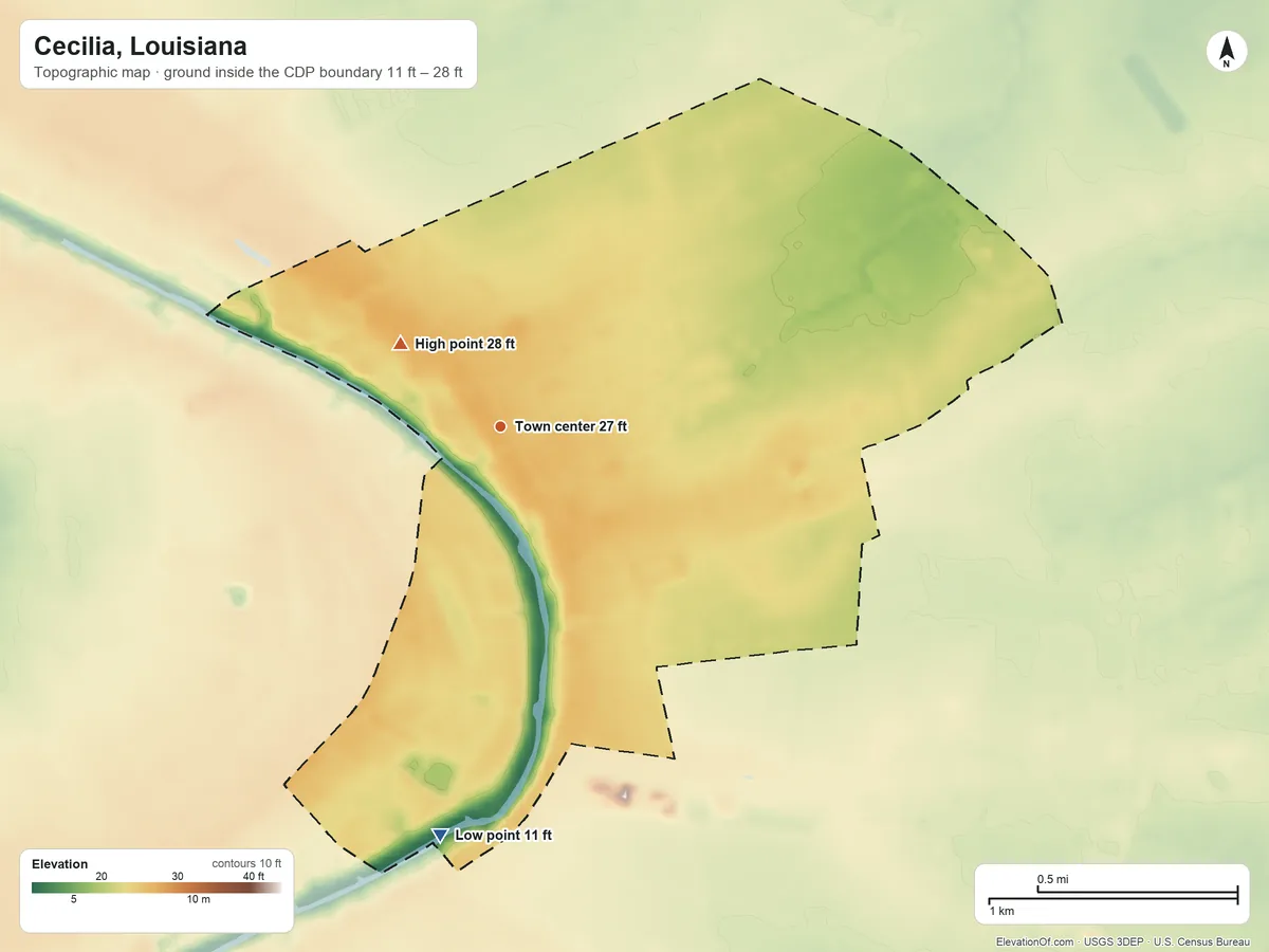 Topographic elevation map of Cecilia, Louisiana, shaded from 11 ft on the south side to 28 ft on the northwest side