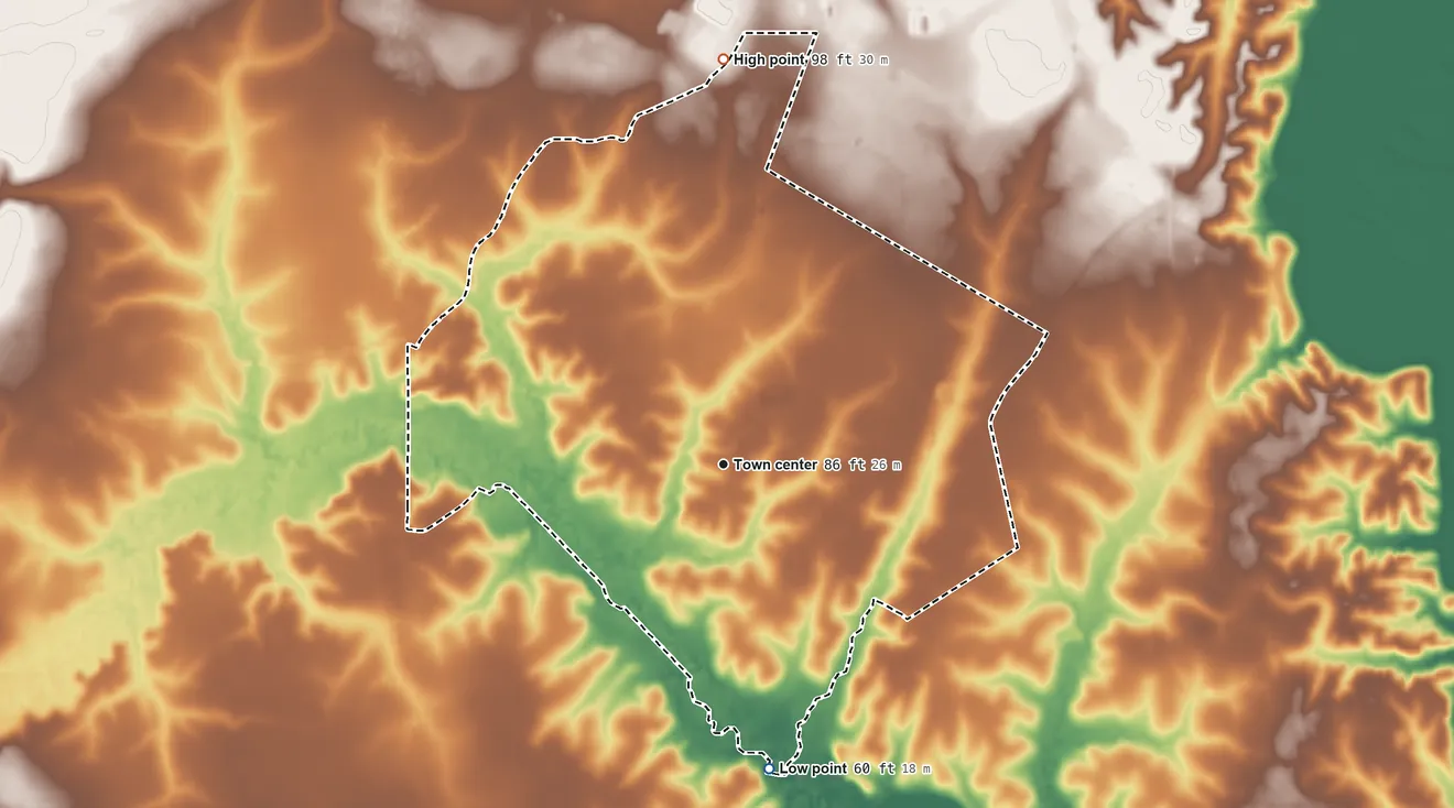Topographic elevation map of Center Point, Louisiana, shaded from 60 ft on the south side to 98 ft on the north side