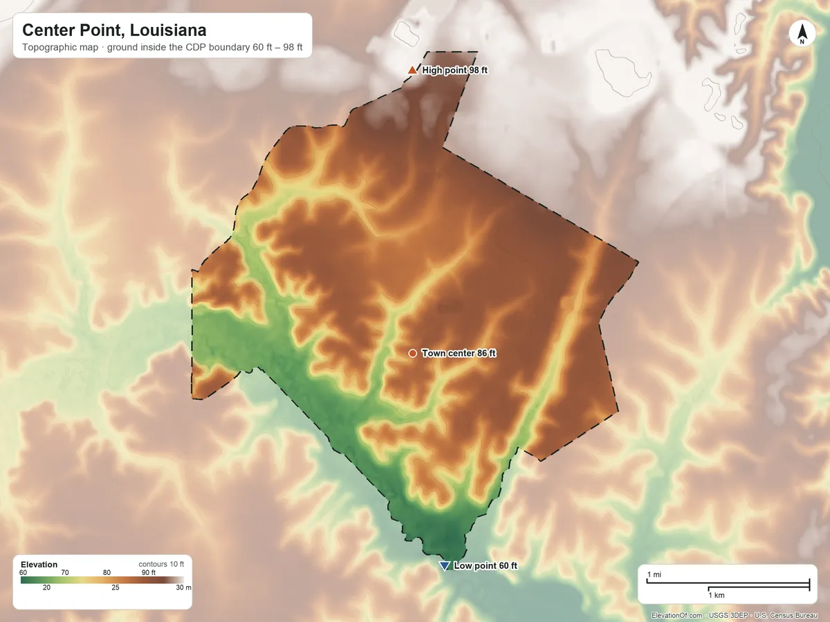 Topographic elevation map of Center Point, Louisiana, shaded from 60 ft on the south side to 98 ft on the north side
