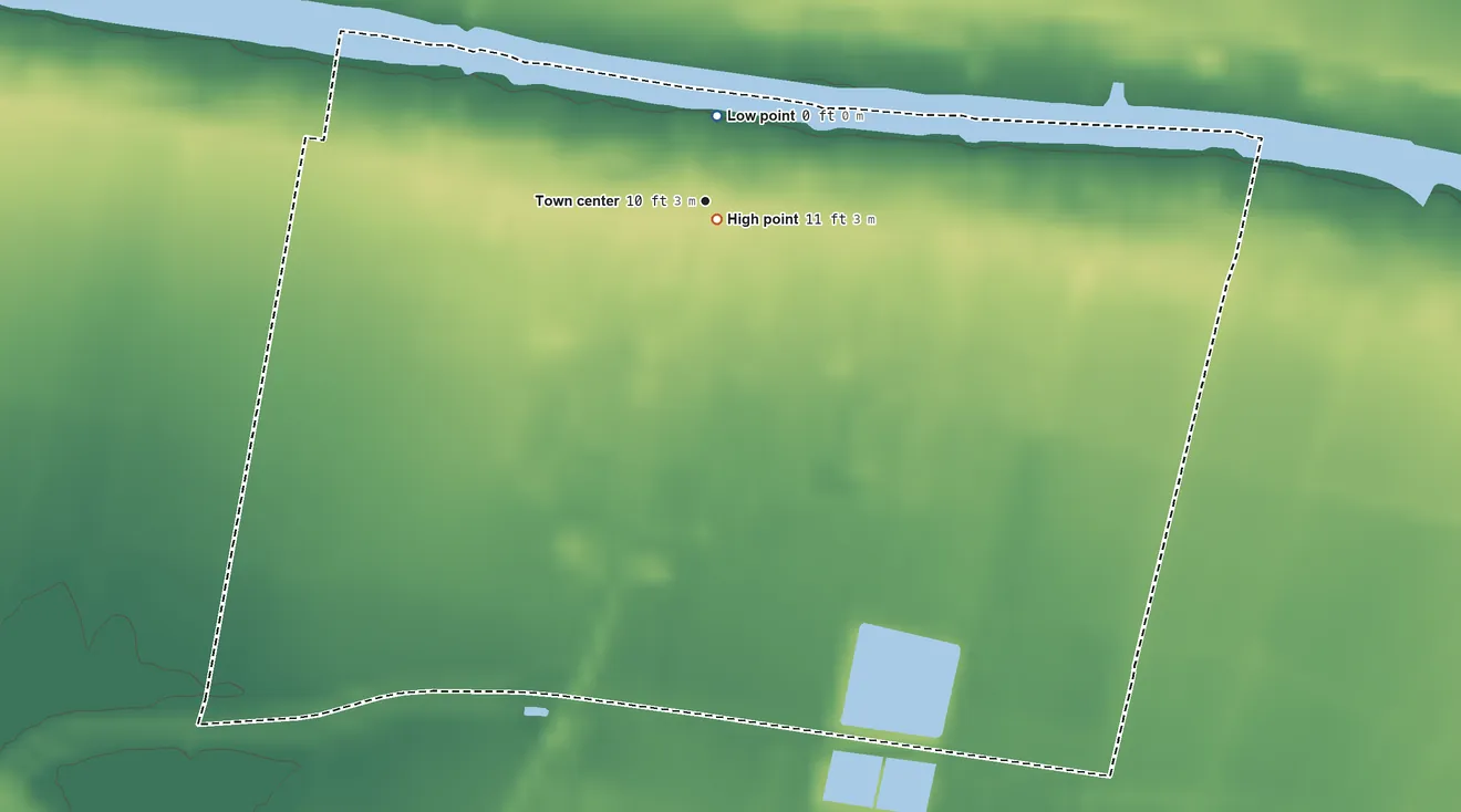 Topographic elevation map of Centerville, Louisiana, shaded from 0 ft near the middle to 11 ft near the middle