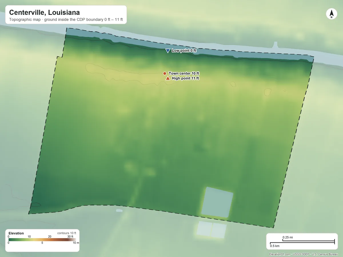 Topographic elevation map of Centerville, Louisiana, shaded from 0 ft near the middle to 11 ft near the middle