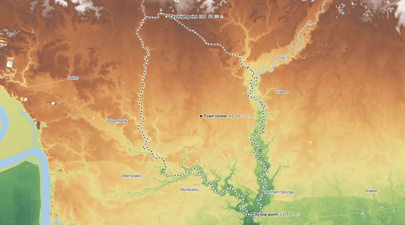 Topographic elevation map of Central, Louisiana, shaded from 13 ft on the southeast side to 100 ft on the north side