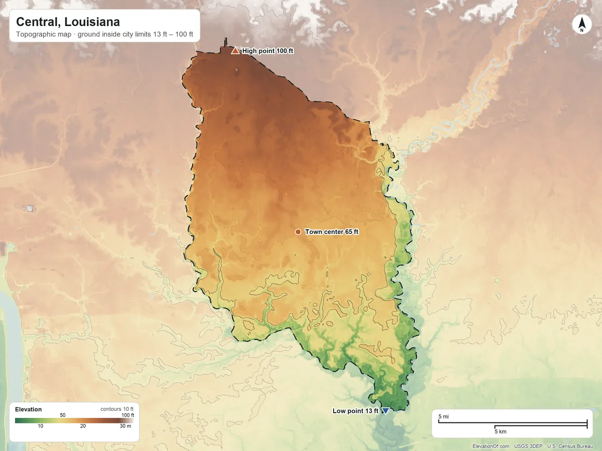 Topographic elevation map of Central, Louisiana, shaded from 13 ft on the southeast side to 100 ft on the north side