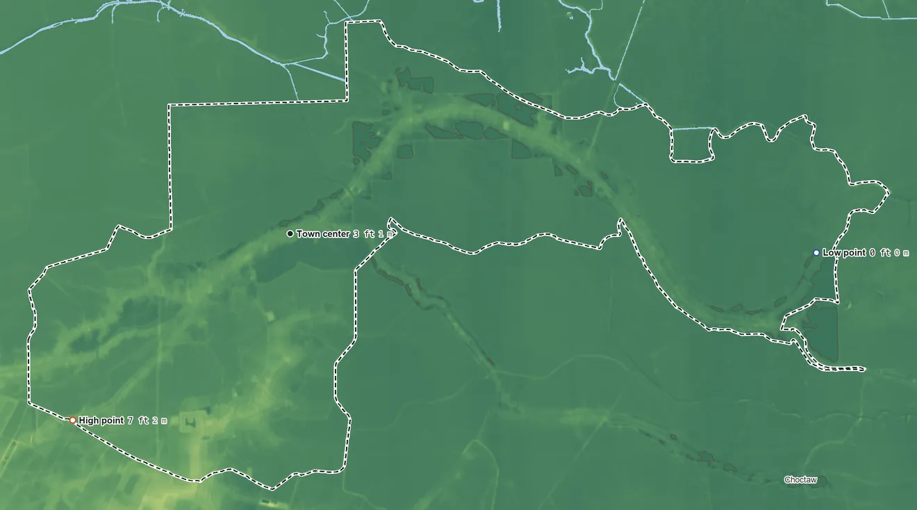Topographic elevation map of Chackbay, Louisiana, shaded from 0 ft on the east side to 7 ft on the southwest side