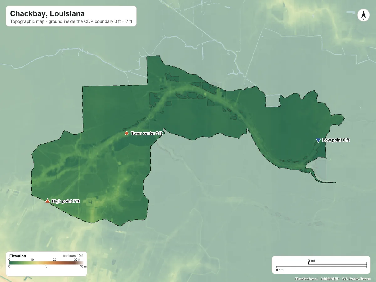 Topographic elevation map of Chackbay, Louisiana, shaded from 0 ft on the east side to 7 ft on the southwest side