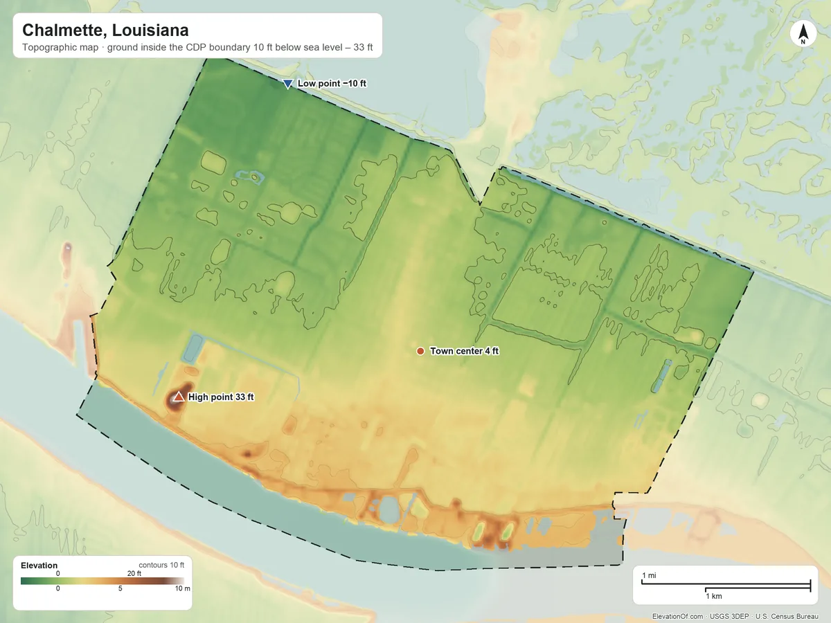 Topographic elevation map of Chalmette, Louisiana, shaded from −10 ft on the northwest side to 33 ft on the west side