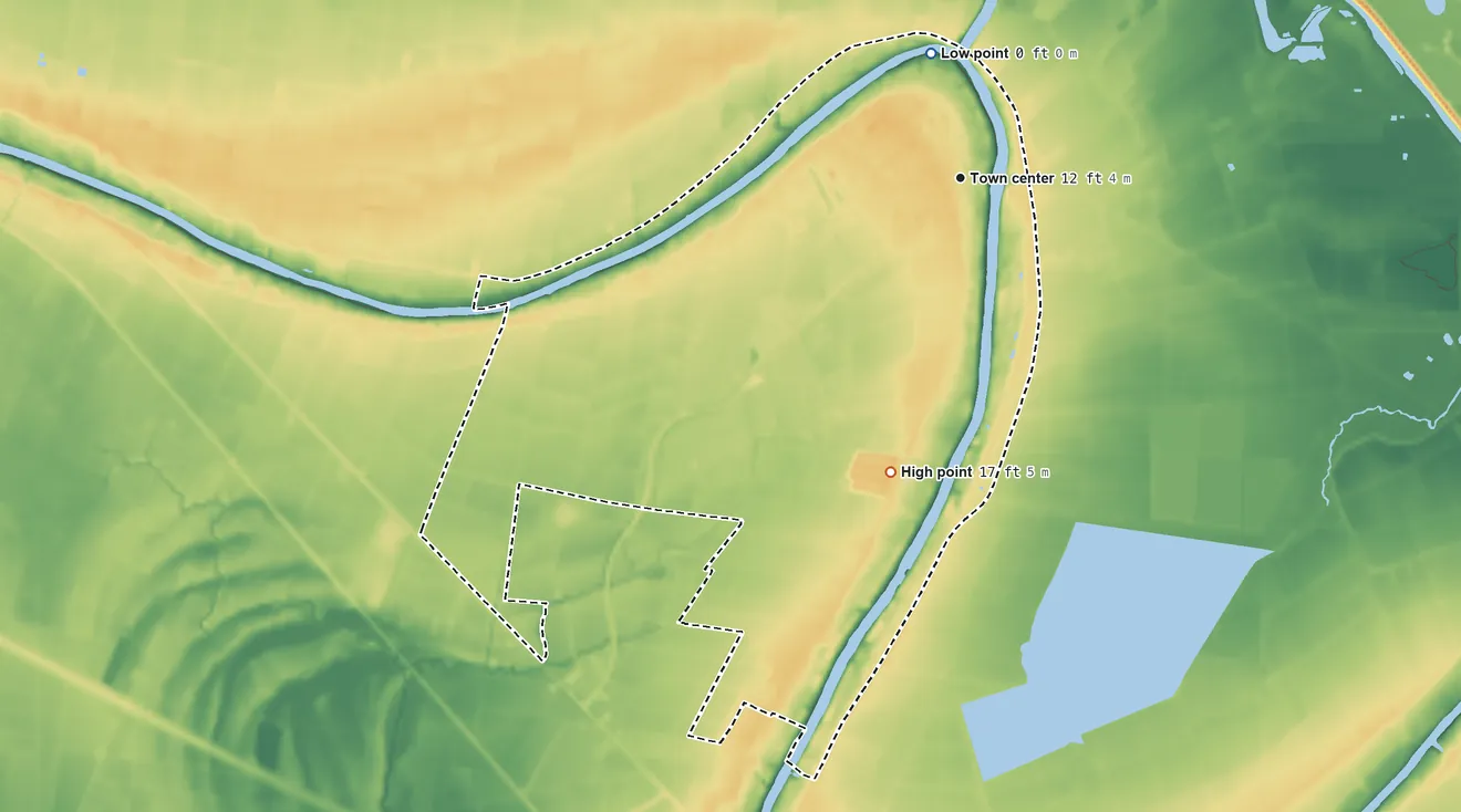 Topographic elevation map of Charenton, Louisiana, shaded from 0 ft on the north side to 17 ft on the south side