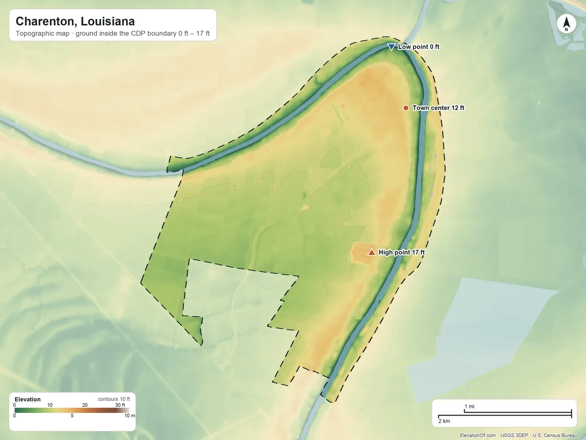 Topographic elevation map of Charenton, Louisiana, shaded from 0 ft on the north side to 17 ft on the south side