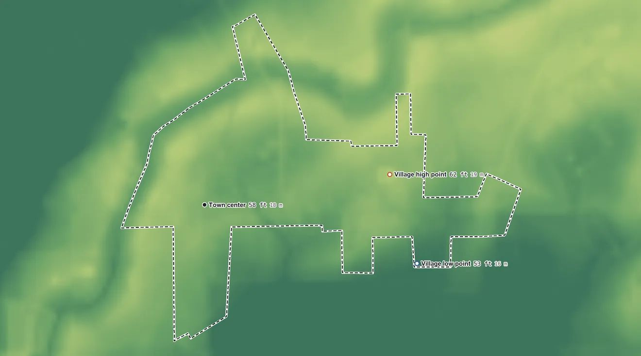 Topographic elevation map of Chataignier, Louisiana, shaded from 53 ft on the east side to 62 ft on the east side