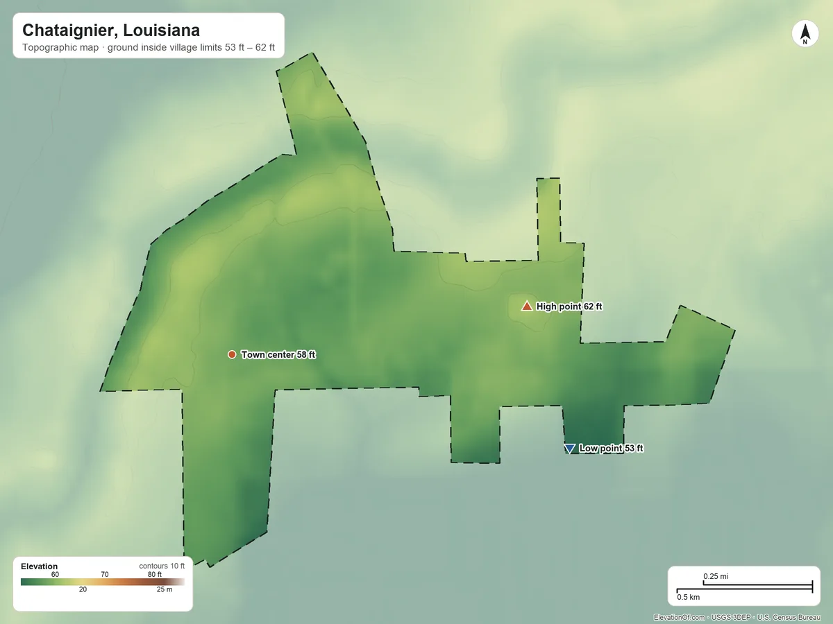 Topographic elevation map of Chataignier, Louisiana, shaded from 53 ft on the east side to 62 ft on the east side
