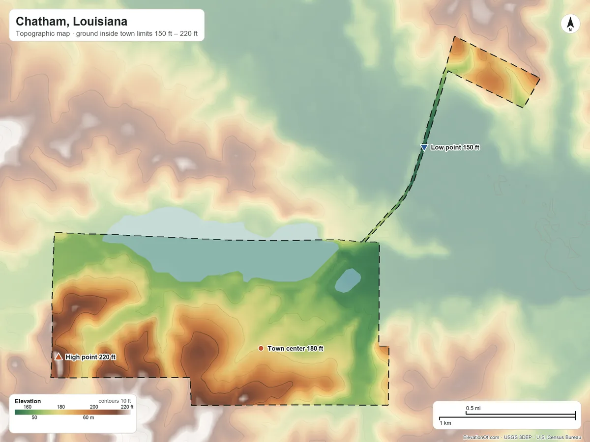 Topographic elevation map of Chatham, Louisiana, shaded from 150 ft on the northeast side to 220 ft on the west side