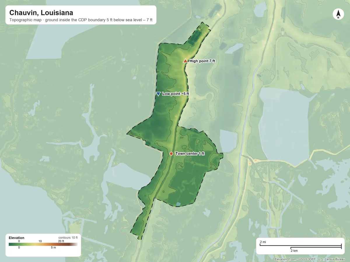 Topographic elevation map of Chauvin, Louisiana, shaded from −5 ft on the north side to 7 ft on the north side