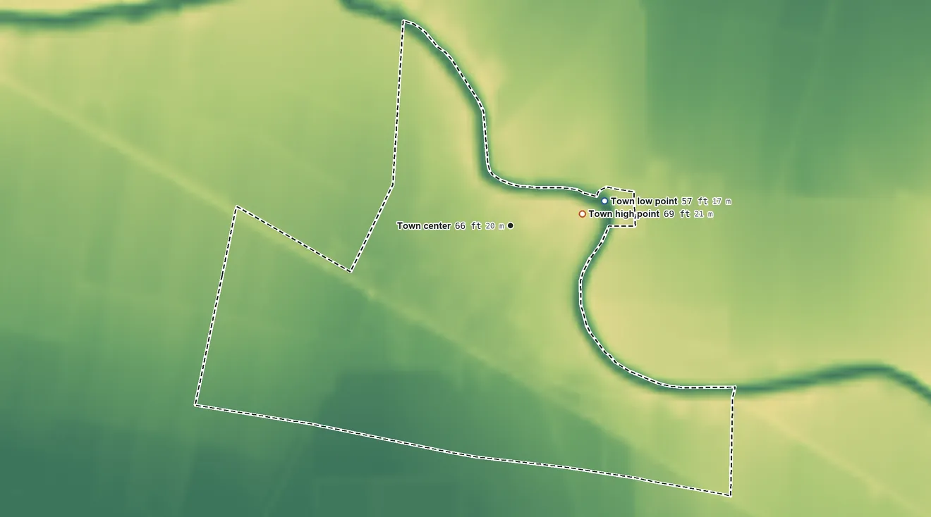 Topographic elevation map of Cheneyville, Louisiana, shaded from 57 ft on the east side to 69 ft on the east side
