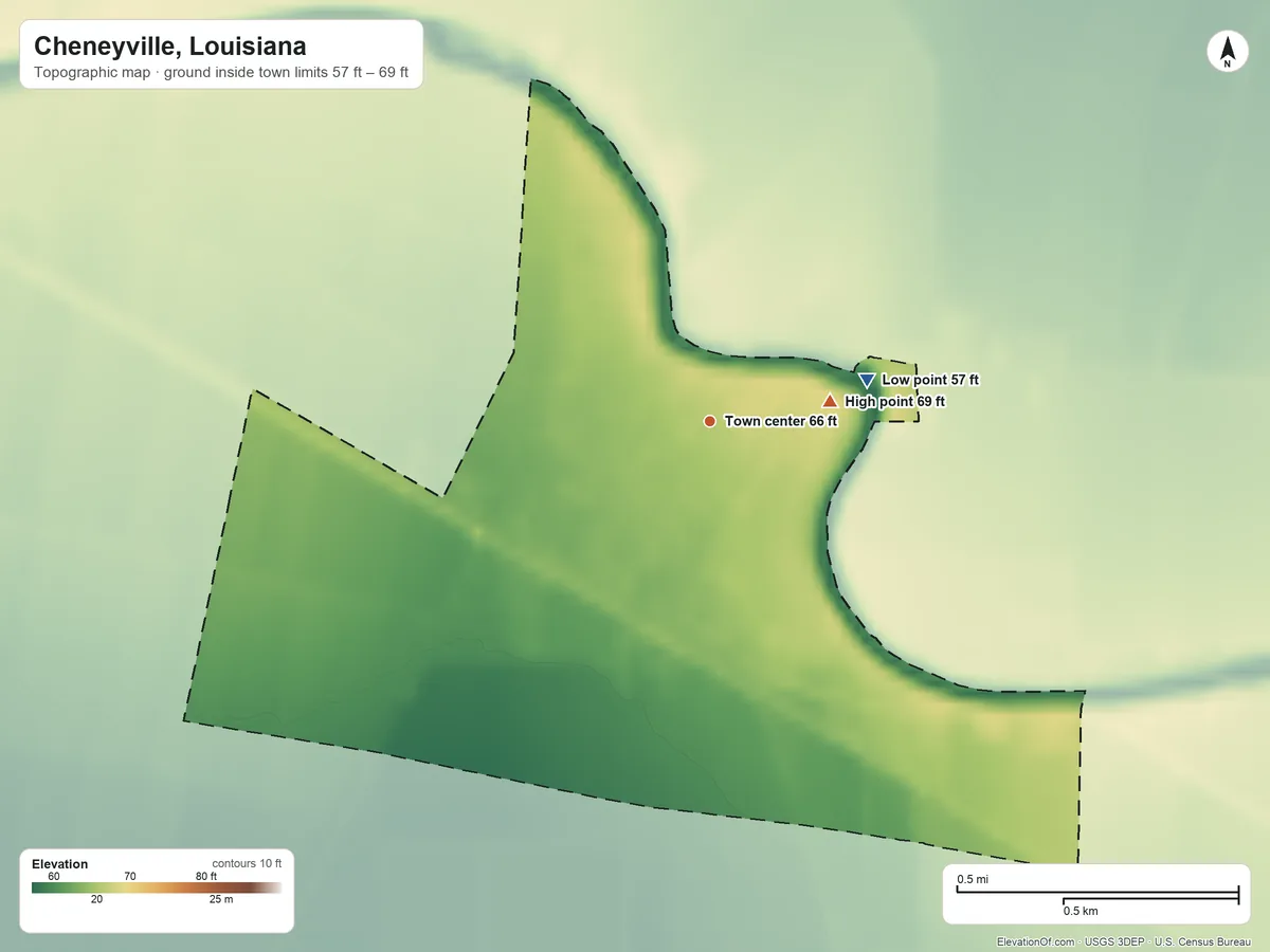 Topographic elevation map of Cheneyville, Louisiana, shaded from 57 ft on the east side to 69 ft on the east side