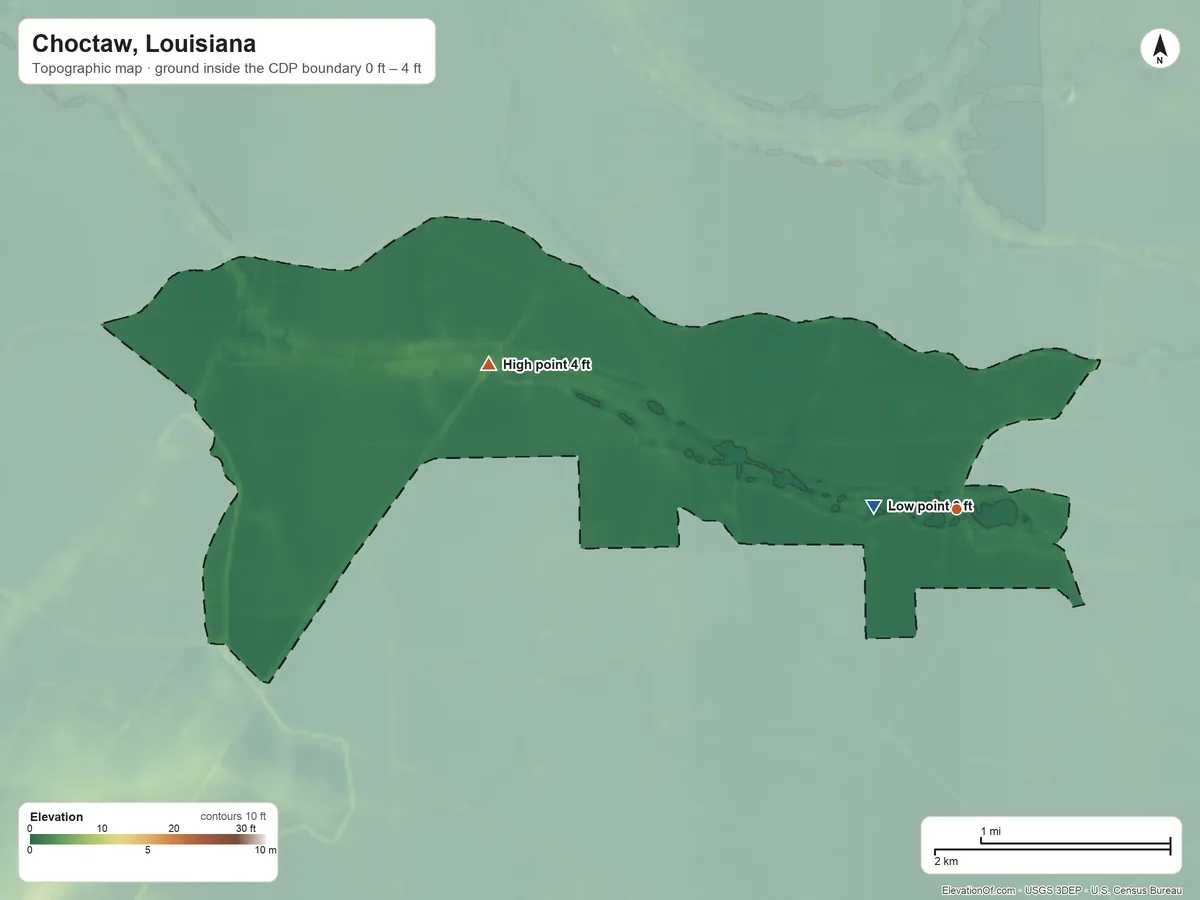 Topographic elevation map of Choctaw, Louisiana, shaded from 0 ft near the middle to 4 ft on the west side