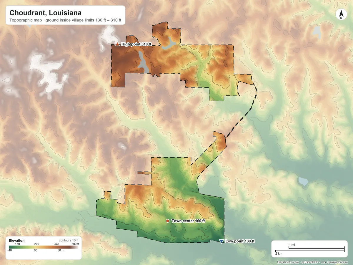 Topographic elevation map of Choudrant, Louisiana, shaded from 130 ft on the east side to 310 ft on the north side