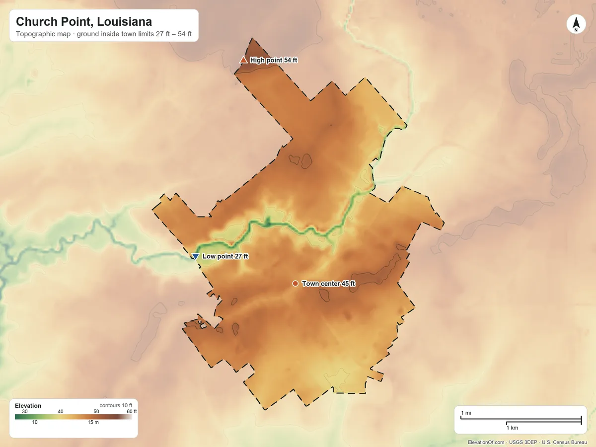 Topographic elevation map of Church Point, Louisiana, shaded from 27 ft on the west side to 54 ft on the north side