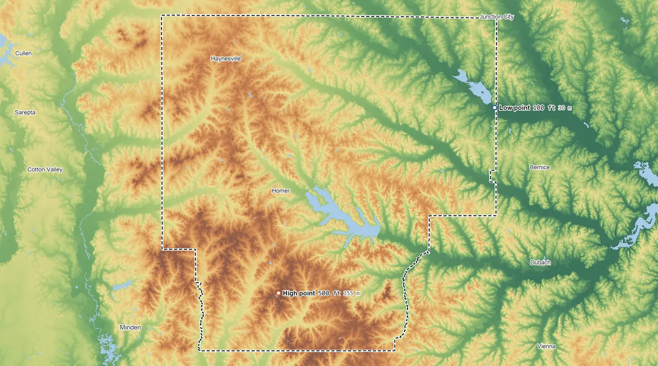 Topographic elevation map of Claiborne Parish, Louisiana, shaded from 100 ft on the northeast side to 500 ft on the southwest side