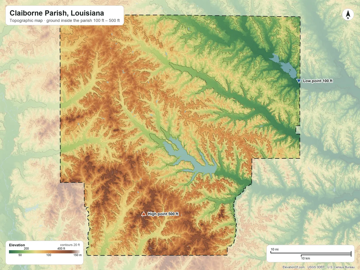 Topographic elevation map of Claiborne Parish, Louisiana, shaded from 100 ft on the northeast side to 500 ft on the southwest side