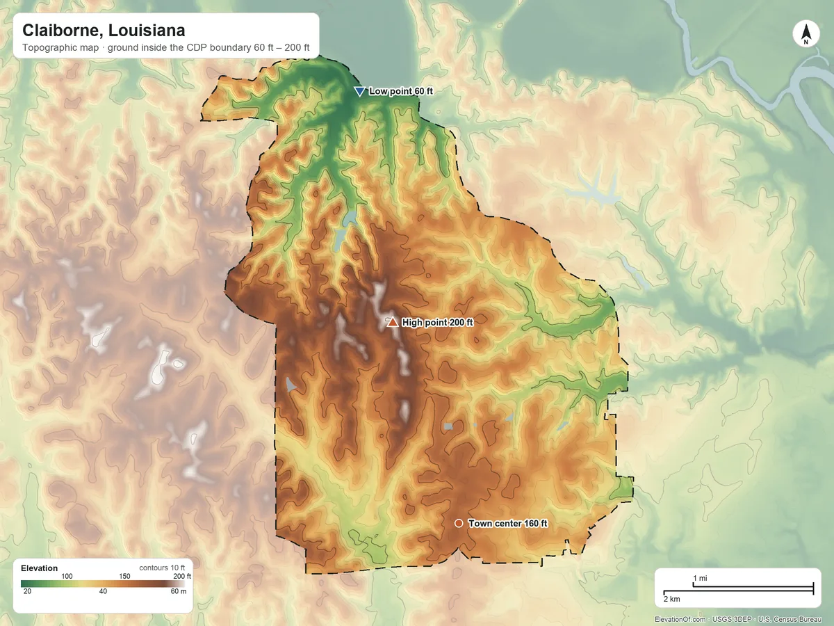Topographic elevation map of Claiborne, Louisiana, shaded from 60 ft on the north side to 200 ft on the north side