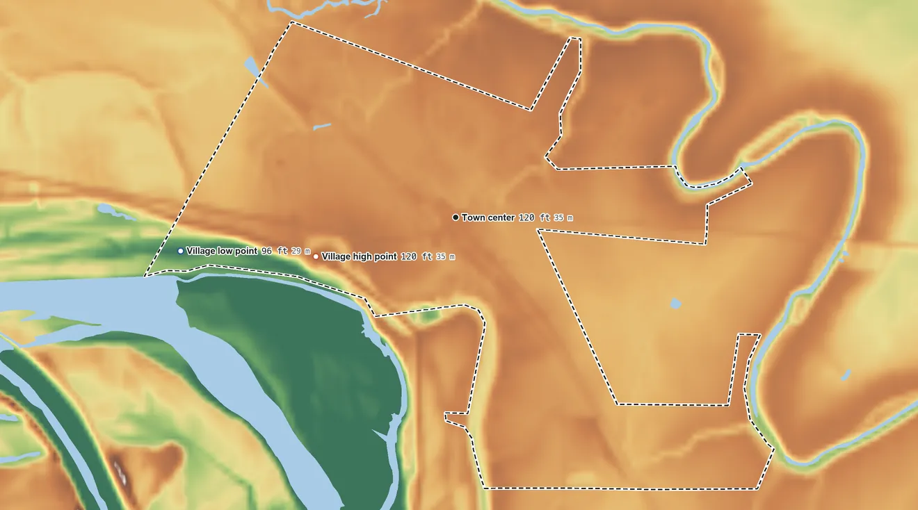 Topographic elevation map of Clarence, Louisiana, shaded from 96 ft on the west side to 120 ft on the west side