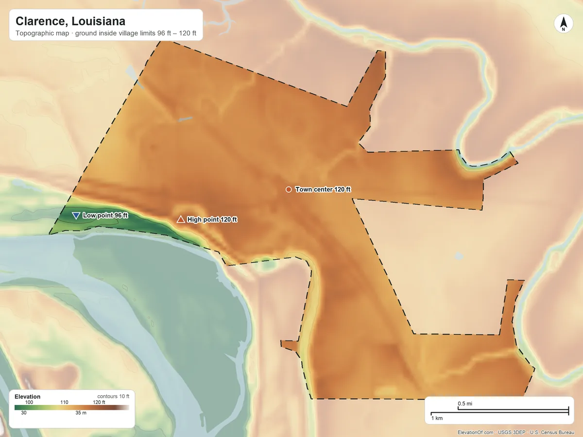 Topographic elevation map of Clarence, Louisiana, shaded from 96 ft on the west side to 120 ft on the west side