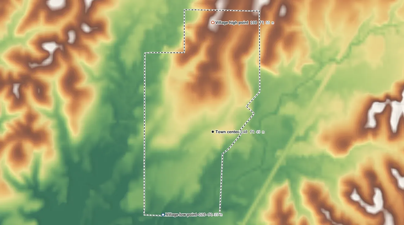 Topographic elevation map of Clarks, Louisiana, shaded from 120 ft on the southwest side to 180 ft on the north side