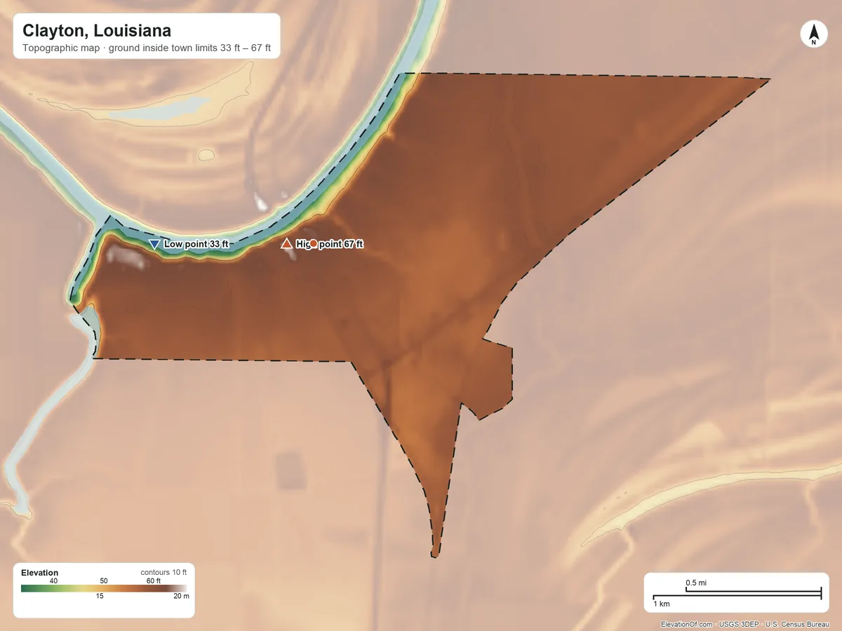 Topographic elevation map of Clayton, Louisiana, shaded from 33 ft on the west side to 67 ft near the middle