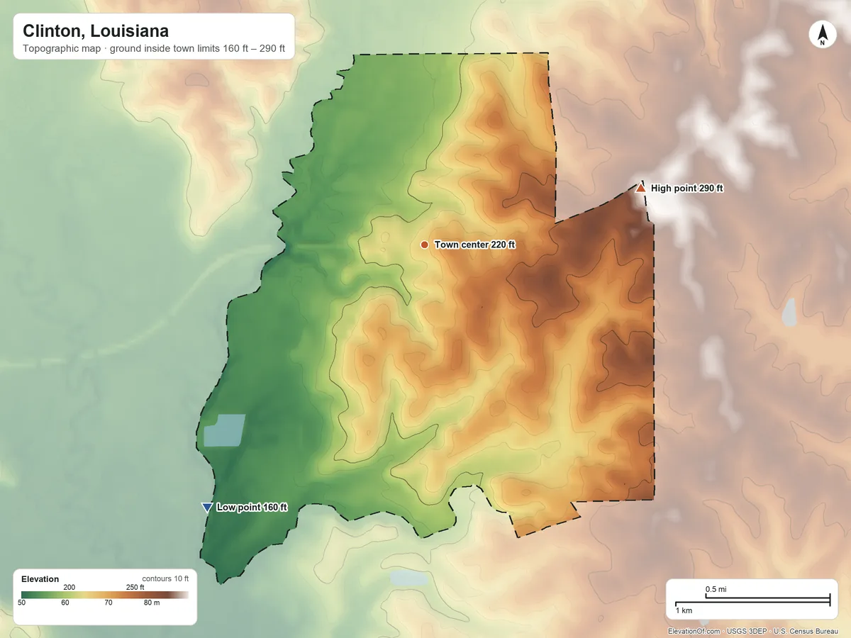 Topographic elevation map of Clinton, Louisiana, shaded from 160 ft on the southwest side to 290 ft on the east side