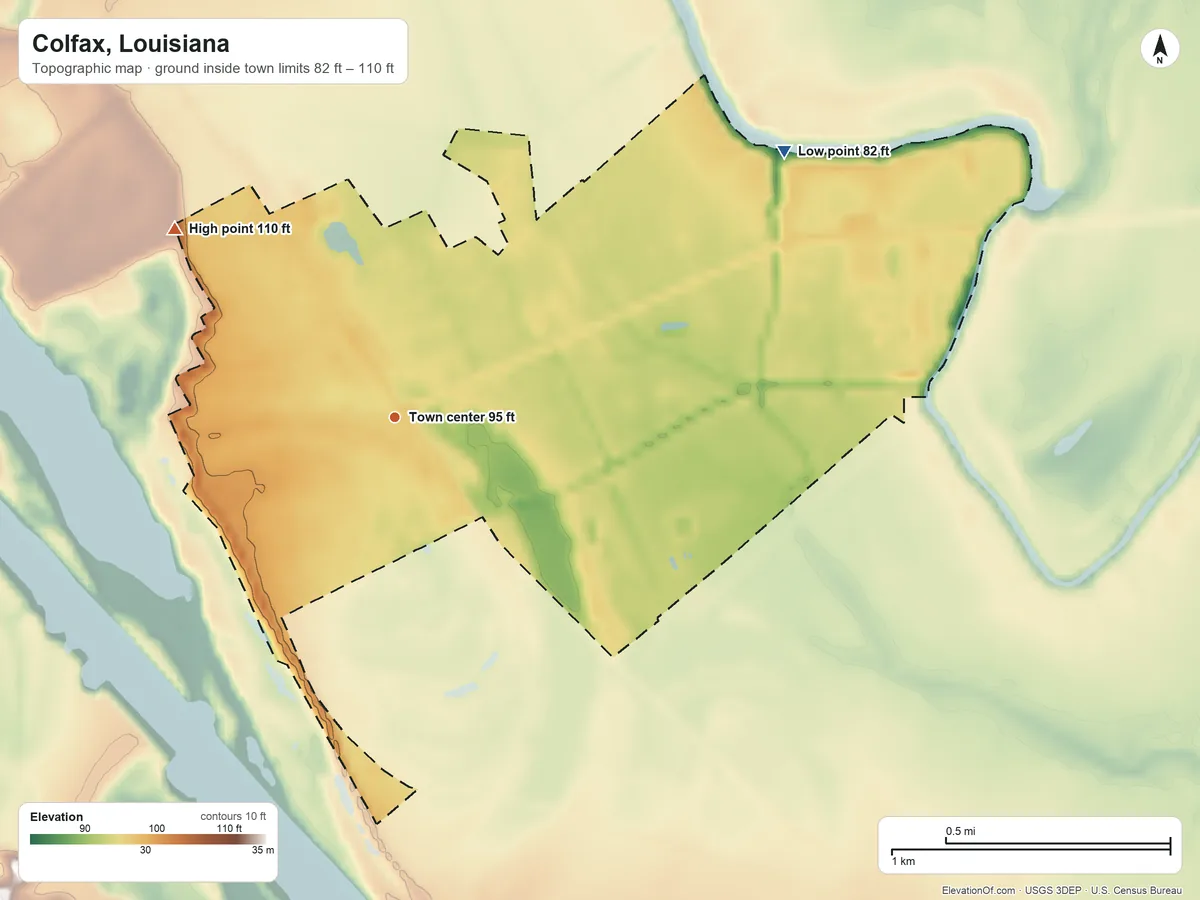 Topographic elevation map of Colfax, Louisiana, shaded from 82 ft on the northeast side to 110 ft on the northwest side