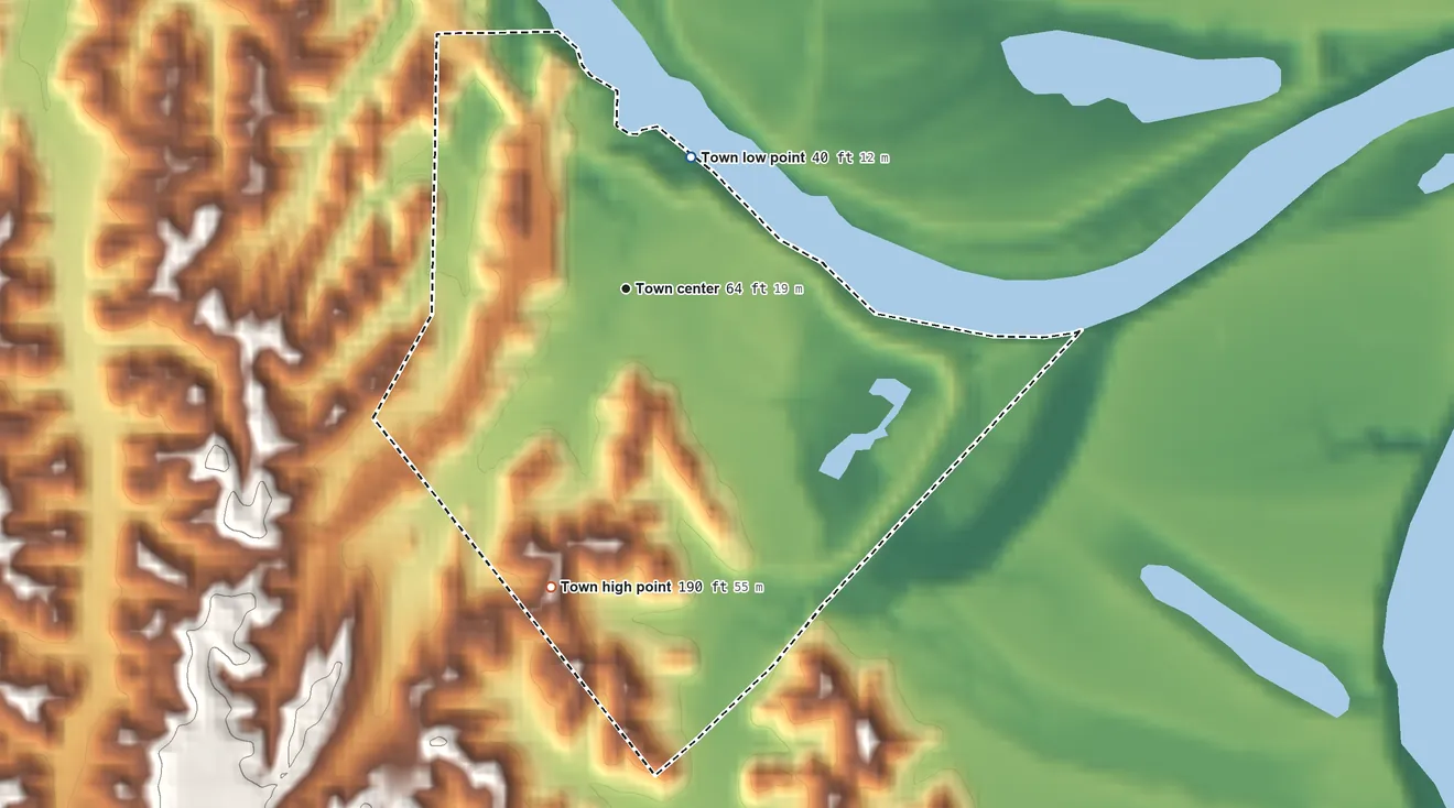 Topographic elevation map of Columbia, Louisiana, shaded from 40 ft on the northeast side to 190 ft on the south side