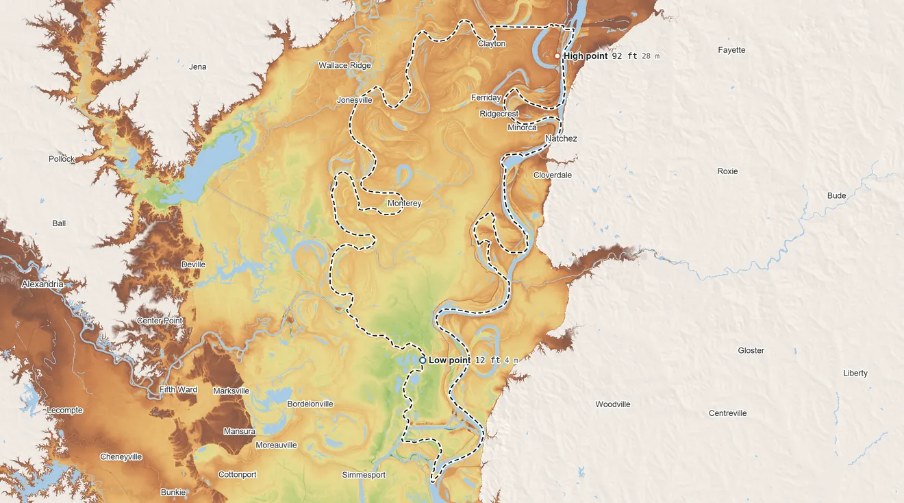Topographic elevation map of Concordia Parish, Louisiana, shaded from 12 ft on the south side to 92 ft on the northeast side