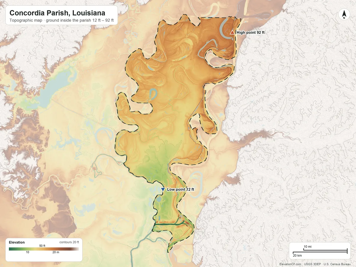 Topographic elevation map of Concordia Parish, Louisiana, shaded from 12 ft on the south side to 92 ft on the northeast side