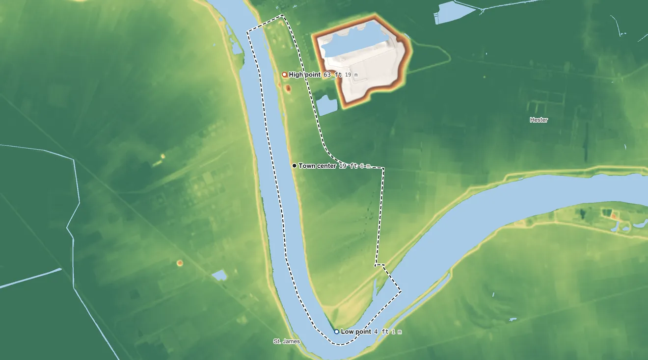 Topographic elevation map of Convent, Louisiana, shaded from 4 ft on the south side to 63 ft on the north side