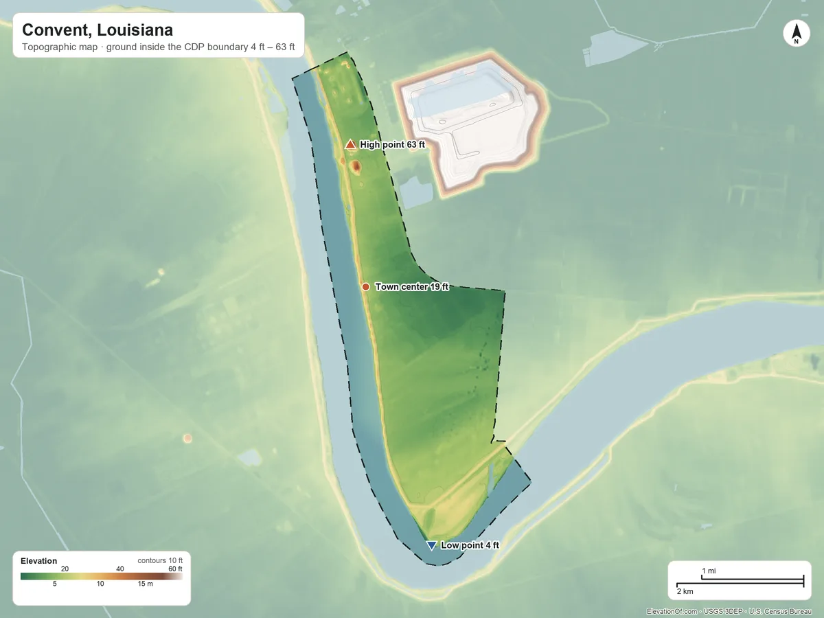 Topographic elevation map of Convent, Louisiana, shaded from 4 ft on the south side to 63 ft on the north side