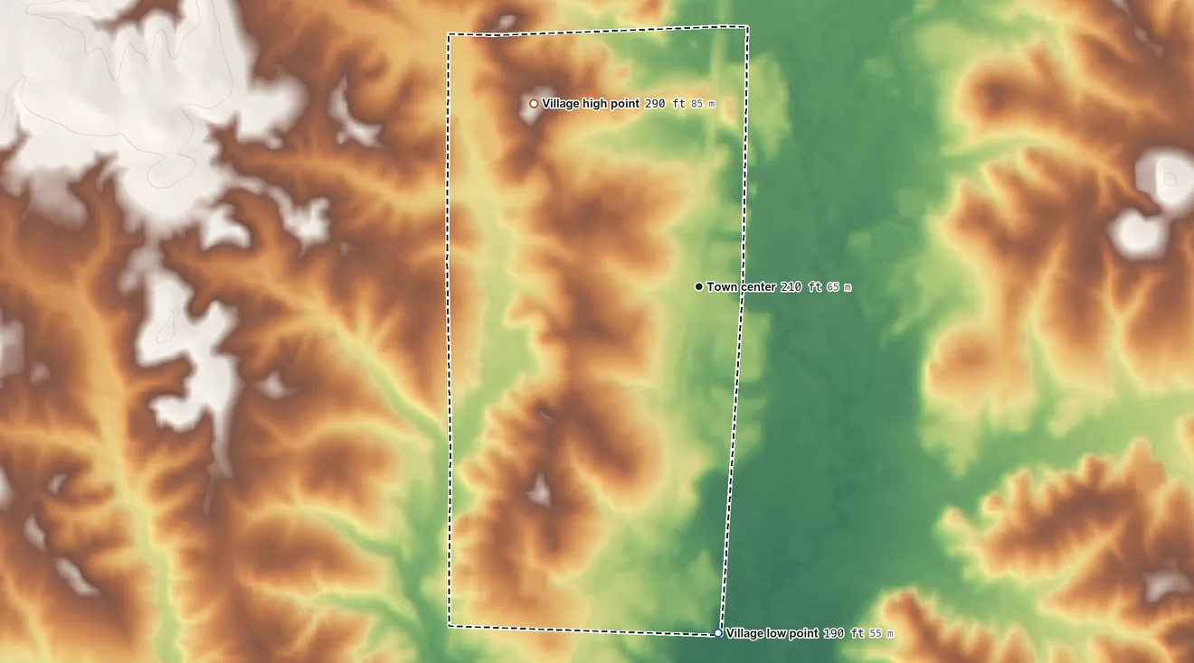 Topographic elevation map of Converse, Louisiana, shaded from 190 ft on the south side to 290 ft on the northwest side