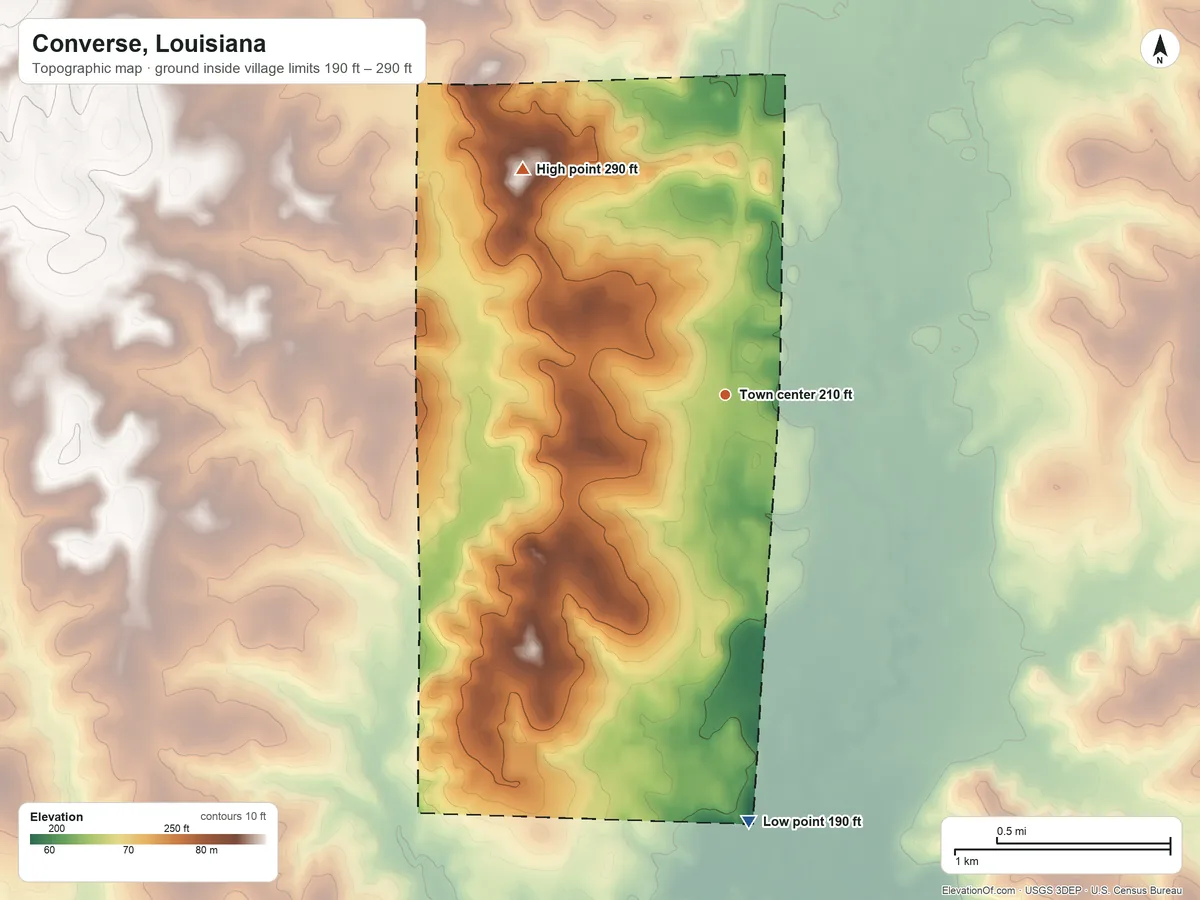 Topographic elevation map of Converse, Louisiana, shaded from 190 ft on the south side to 290 ft on the northwest side