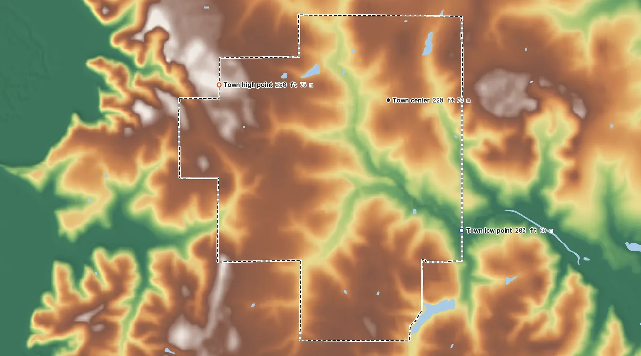 Topographic elevation map of Cotton Valley, Louisiana, shaded from 200 ft on the southeast side to 250 ft on the west side